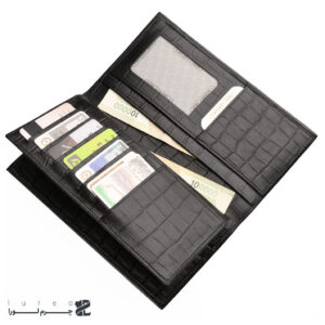 کیف پول کتی چرم کروکودیل مشکی با جای کارت بانکی و فضای نگهداری اسکناس