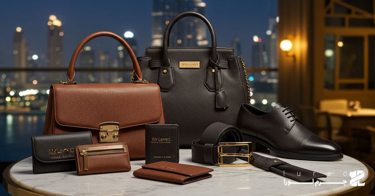 ست چرم قهوه‌ای و مشکی شامل کیف، کفش و کمربند چرمی طبیعی